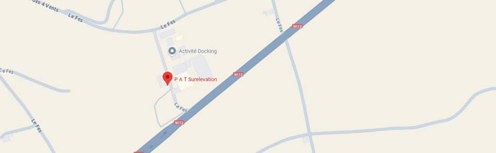 Carte routière détaillant les routes Le Fes, Rues 4 Vents et N113, avec un marqueur sur P A T Surelevation et Activité Docking.