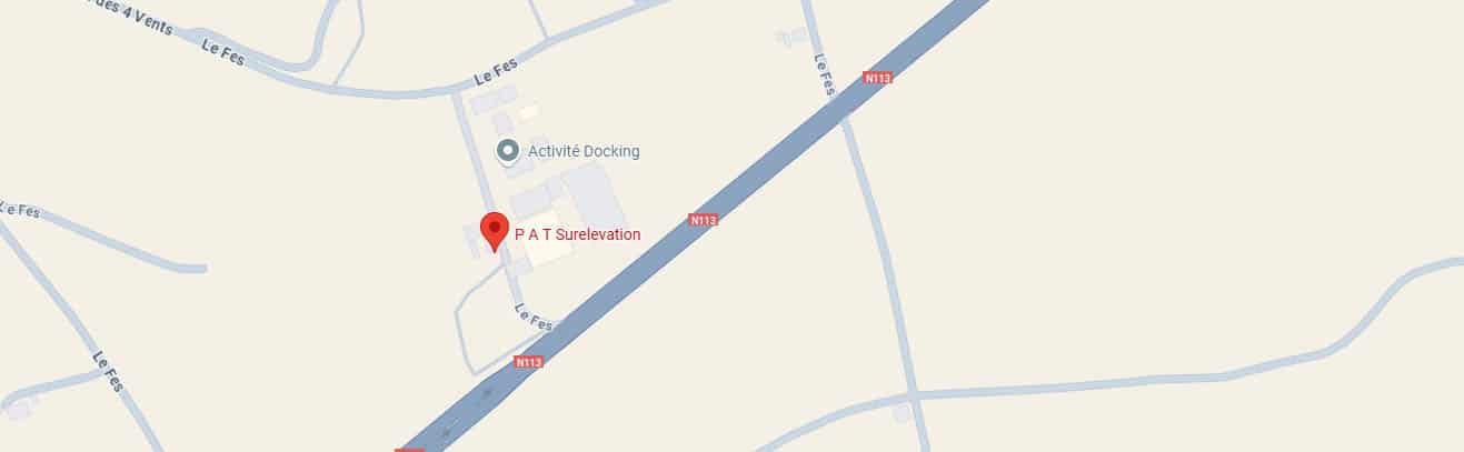 Carte routière détaillant les routes Le Fes, Rues 4 Vents et N113, avec un marqueur sur P A T Surelevation et Activité Docking.