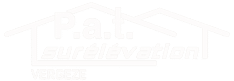 Logo Pat surélévation VERGEZE : inscription blanche 'P.a.t. surélévation' dans le contour d'une maison, 'VERGEZE' en dessous.