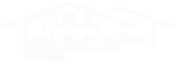 Logo blanc P.a.t. surélévation VERGEZE. Un contour de maison représente l'expertise en agrandissement et ajout d'étages.
