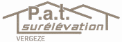 Logo P.a.t. surélévation VERGEZE. Un visuel de toits stylisés symbolise l'extension de maison. Le texte 'surélévation' est souligné.