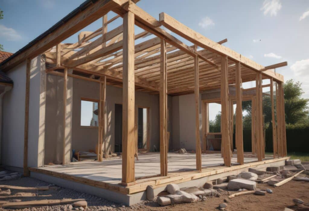 Maison individuelle en construction avec charpente en bois visible, murs en béton gris et fondations apparentes. Ciel bleu.